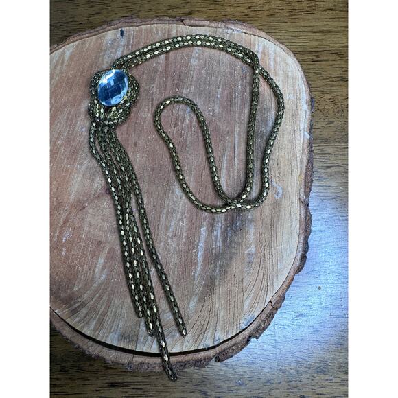 Women's Vintage Mesh Style Gold tone Knot Lariat Tassel Necklace Chain - Picture 2 of 4